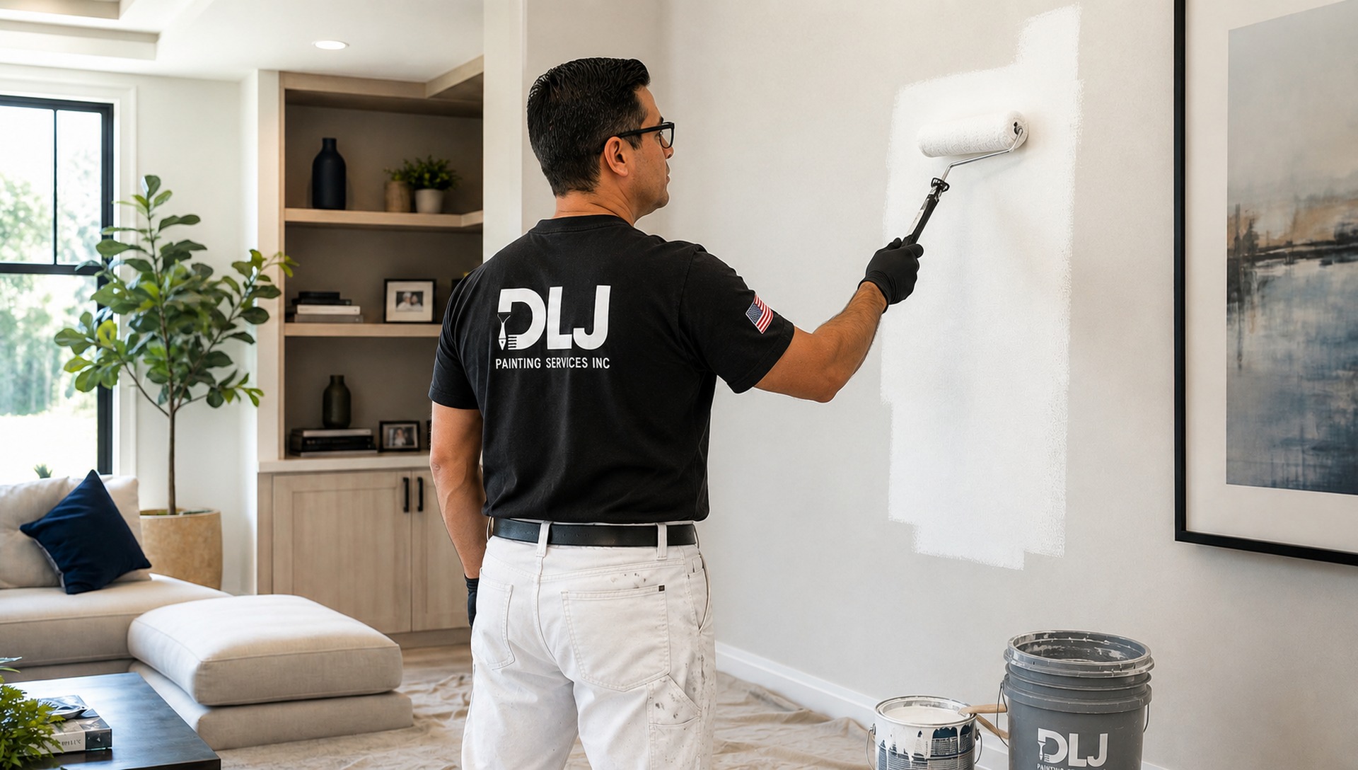 Professional painter applying white paint to a modern interior wall